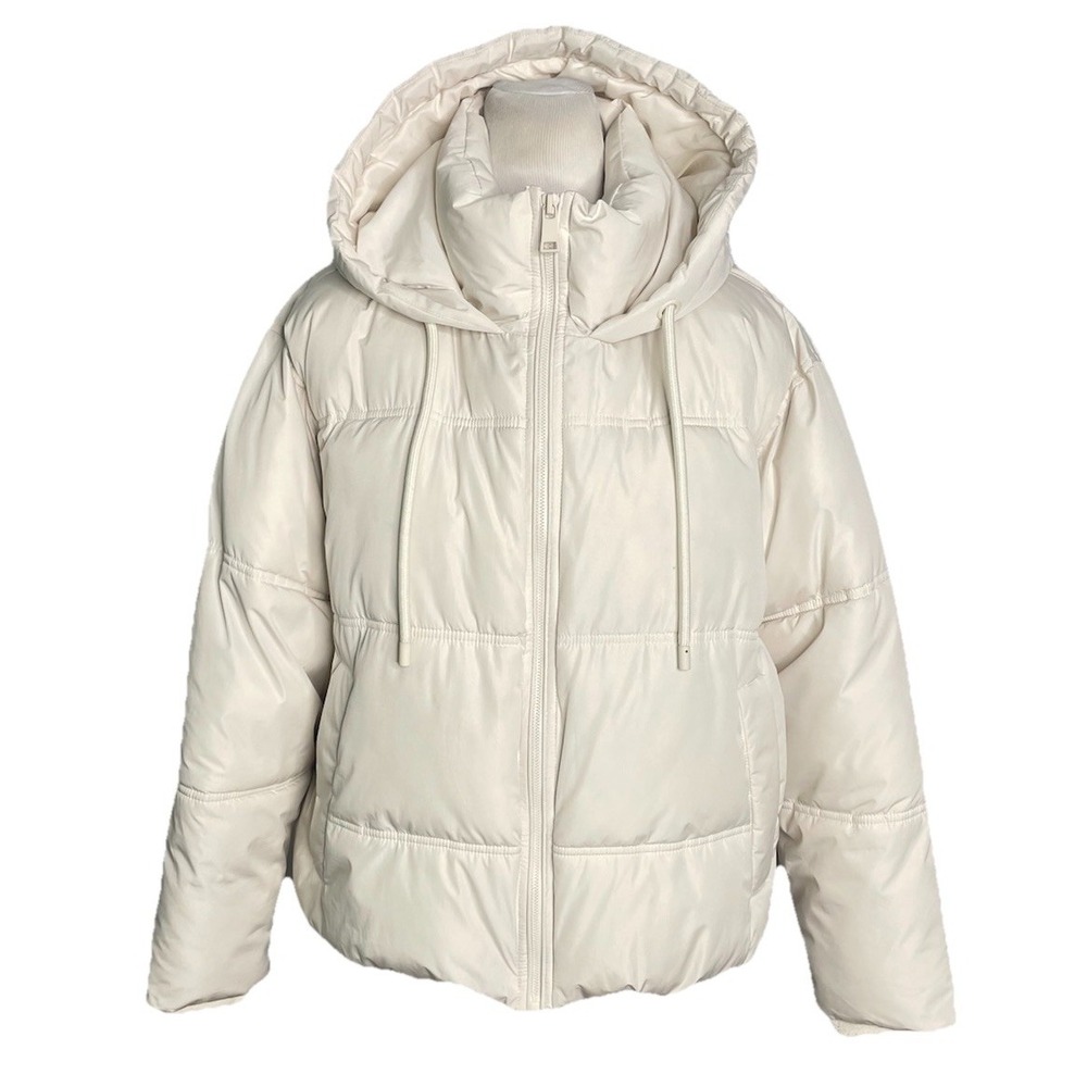 Zara Cream Ivory Puffer Coat Hooded Crop Jacket Anorak Size Large - Picture 2 of 6